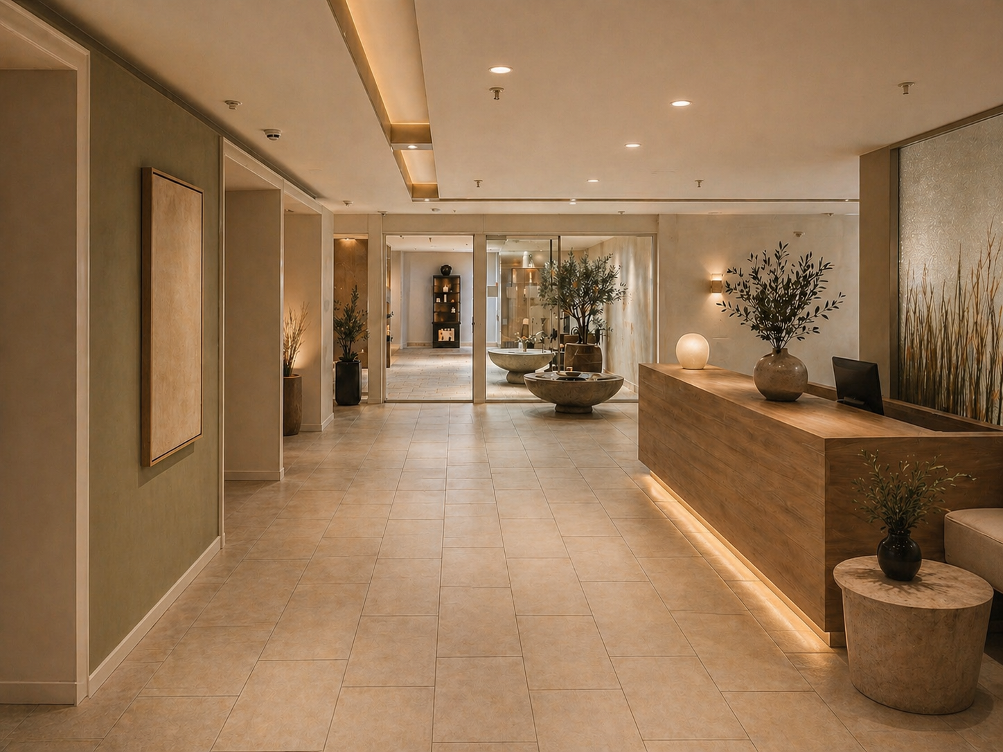 The Long Hotel wellness reception under the proposed direction — the entry to the clinical wing reframed in the same palette of natural textures, low warm lighting, and calm neutrals.